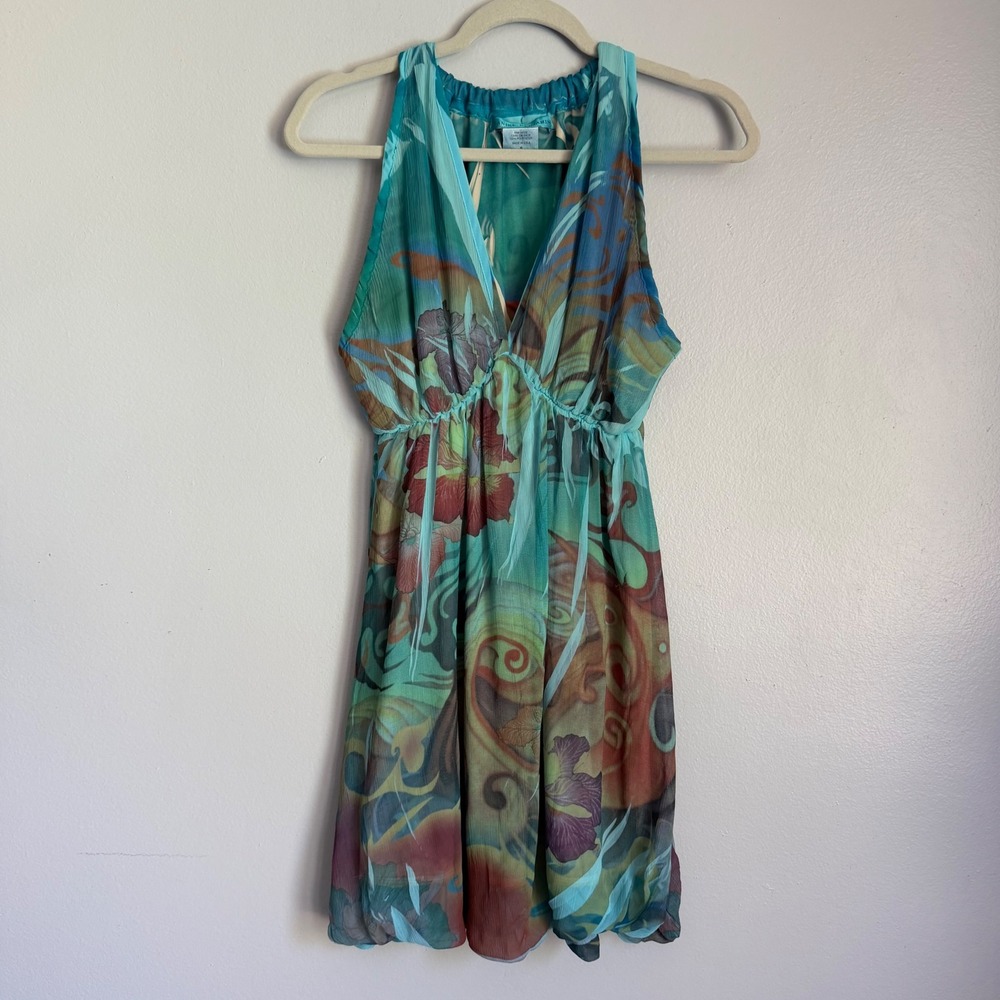 Y2K Daniel Benjamin Turquoise Floral Bubble Hem Halter Mini Dress Womens Small